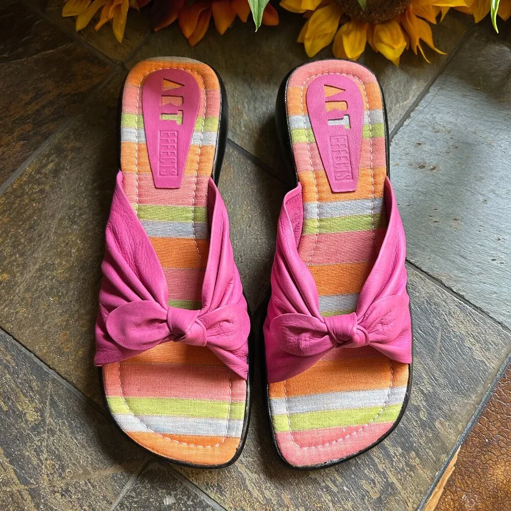 Art Effects Bright Pink Leather Bow Sandals/Slides